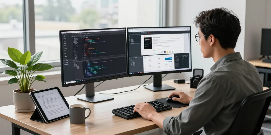 Developer working at a modern workspace featuring dual monitors displaying codes, showcasing the WPS Official Website contextual elements in a tech environment.