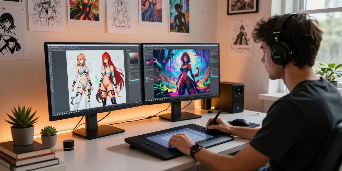 Artist creating AI hentai artwork in a dynamic digital art studio, showcasing vibrant character designs and a creative atmosphere.