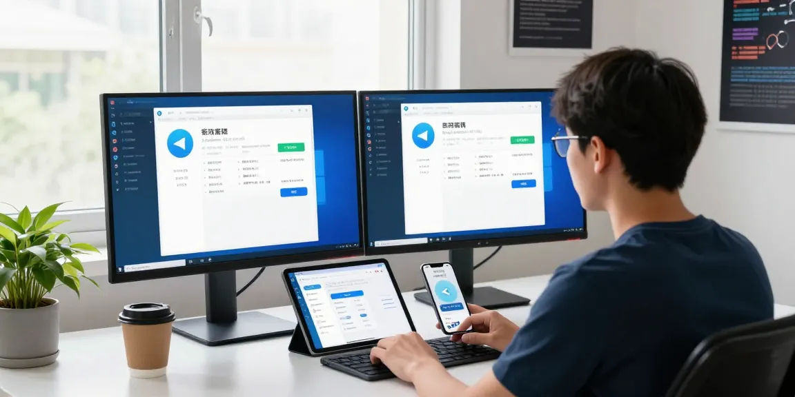 Customize your Telegram Chinese settings in a modern tech workspace with dual monitors and a smartphone.